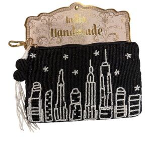 India Handmade NYC skyline beaded travel bag with key clip